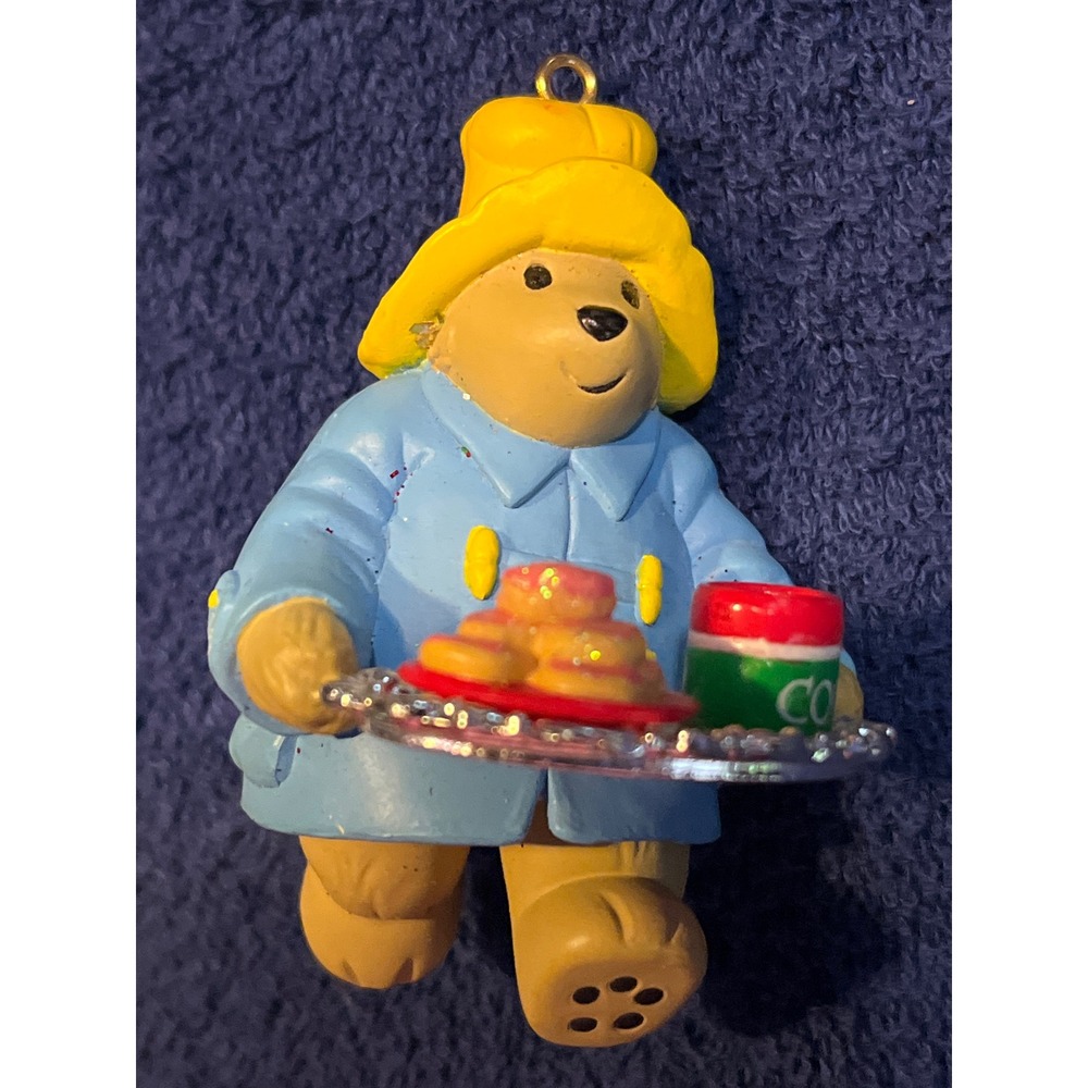 Vintage 1999 Paddington Bear Christmas Ornament Blue Coat Yellow Hat Cocoa Tray